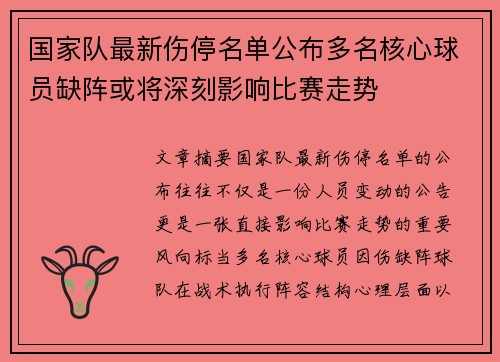 国家队最新伤停名单公布多名核心球员缺阵或将深刻影响比赛走势